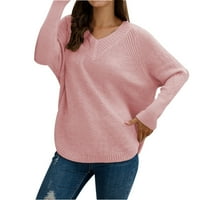 Voncos Wines pulover pulover casual-lagan dugi rukav V izrez Čvrsti džemper za žene plus veličine ružičaste