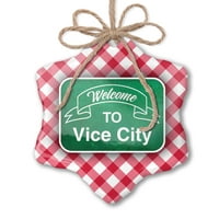 Božićni ukras zeleni znak Dobrodošli u vice City Red Plaid Neonblond
