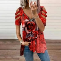 Ženski ljetni bluze V-izrez cvjetni kratki rukav pola zip vrhova crvena 3xl