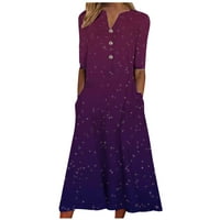 Haljine za žene plus veličine modne žene Ljeto tisak kauzal V-izrez Dugme s kratkim rukavima Džebovi za odmor Dress Purple