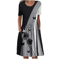 Crne haljine za ženske kratkih rukava tisak cvjetnog uzorka za odmor Okrugli izrez Fit i flare Trendy