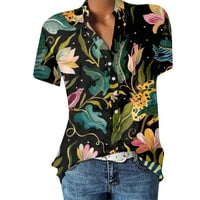 Žene ljetne vrhove kratki rukav casual chemise grafički otisci Žene košulje Henley Black 2xl