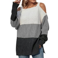 Ženski kvadratni vrat hladni rameni prevelizirani džemperi casual boja blok pulover dugih rukava opuštenog