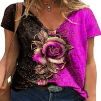 Žene ruže Print V izrez Kratki rukav majica Labavi pulover za bluzu