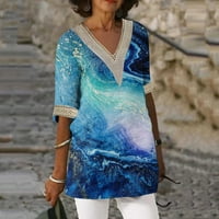 Feternal ženska modna labava ležerna otisnuta čipkaste patchwork V-izrez mid-rukave majice Top ženskih vrhova