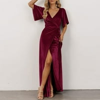 Ženske haljine klirence kratki rukav A-line maxi modni vino s V-izrezom vino 2xl