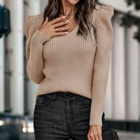 Crni džemperi za žene Ležerne prilike čvrste tanke rukave dugih rukava V-izrez vrhovi Khaki XL