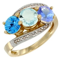 14k žuto zlato prirodni švicarski blue topaz, akvamarin i tanzanitni kamen prsten okrugli dijamant akcent,