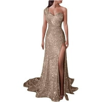 Ženska V-izrez Paillette visoki struk Zipper Maxi Zlatni baršun satena Svečana stranačka haljina Prom