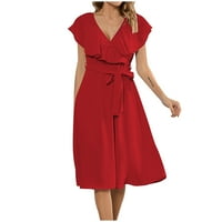Finelylove Flowy ljetna haljina za žene Flowy Maxi haljina A-line kratki kratki rukav čvrsti crveni