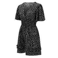 Outfmvch Crne haljine za žene Dot Print Haljina kratki rukav V izrez Ruffle Line Mini haljina Party