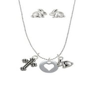 Silvertone šljunak sa izrezom srca Srebrni ton Cross i ogrlica od zečica i naušnice