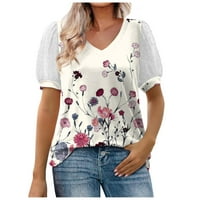 Sksloeg T majice za žene Loase Fit čipka Vintage cvjetni print vrhovi Puff kratkih rukava V izrez Casual