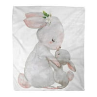 Super meko bacanje pokrivačica akvarel slatka bijela zec mama s malo ružičastih zečica cvijet Uskrs