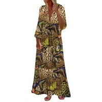 Leopard Midi haljina rukav dress Duljina koljena Regularna fit haljina za žene V izrez haljina za uklanjanje