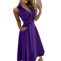Ženska modna čista boja V-izrez bez rukava s tankim karosom duga haljina ženska midi haljina dame majice