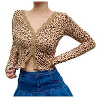Ženske vrhove Dressy Casual Jesen Ženski V-izrez Leopard Ispis čipke Jednosmjerna bluza s dugim rukavima