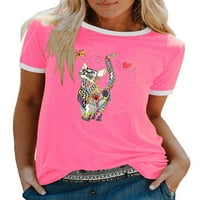 Eleluny Women Cat Print Majica kratki rukav Tors Ležerne bluza plus veličina ružičasta 4xl