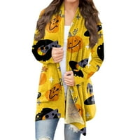 Yubatuo ženska modna ležerna Halloween Print Srednje dužine Kardanska jakna Kaputi za žene Žuti XL
