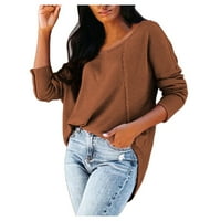 Štednja ženska majica s dugim rukavima Crewneck Dukserice za žene za žene opušteno-fit pulover bluza pune boje vafle, ležerna labava majica modne odjeće kava