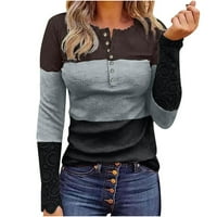 Ženska modna dugih rukava okrugla vrata kontrast čipke dugme Top majica Grey XL