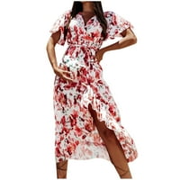 Ljetne haljine za žene s kratkim rukavima za ispis cvjetnog uzorka V-izrez Maxi slobodno modno modno