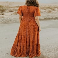 Krandan ženski okrugli izrez lepršajući kratki rukav u obliku cvjetnog plutanog maxi duge haljine, kamile,