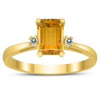 Ženski smaragdni rez 7x citrinski i dijamant tri kamenog prstena u 10k žutom zlatu