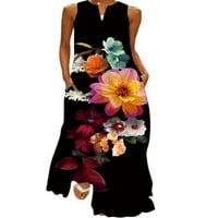 NOILLA DAMIES MAXI haljine V izrez Ljeto plaža Sundress cvjetni tisak duge haljine žene havajski džep crni 5xl