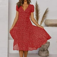 Ženske oblače s kratkim rukavima Ležerna Ležerna A-line ispisana V-izrez ljetna haljina crvena l