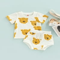 Imcute odijelo za pantalone za bebe, Leopard Head Short rukava O-izrez O-izrez + trake Trokut kratke hlače