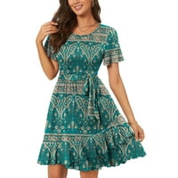 Ženska haljina čipka u pogledu okrugle vrat Štampanje kratkih rukava struka nepravilne modne suknje