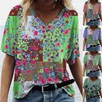 Žene Holiday V izrez Cvjetni print TEE T Majica Dame Plaža Na plaži Labava bluza New Blue XL