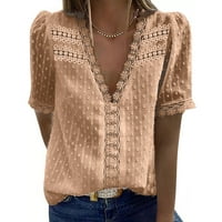 Relanfenk kratki gornji rukav Boja Casual majica Žene Čipke Solid V izrez Modne ženske bluze Majice