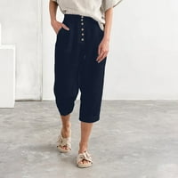 Široke pantalone za noge Žene posteljine pune boje casual ispod koljena hlače visoke struke sa džepom
