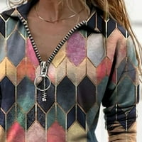 Žene vrhovi modne žene rever geometrijski print patentni zatvarač dugih rukava majica majica TOP S,
