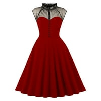 Žene Vintage stil Potpuna suknja Sheer mreža Splice Flutter rukave s visokim vratom Midi haljina crvena