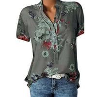MLQIDK ženski kratki rukav cvjetni V izrez Ležerni tunički bluza Labava košulja Gumb Up Henleyji košulja,
