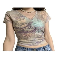 Ženski usjevi, leptir Print print V-izrez majica kratkih rukava casual bluza za proljeće ljeto
