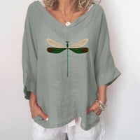 HVYesh Womens Plus sizene majice posteljina V Vreći za izrez Vintage Dragonfly Graphic Majica Ugodno