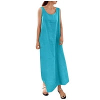 Haljina za žene, ženska puni boja suspender pamuk labav džep okrugli vrat haljina bez rukava plava 4xl