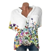 AoKSee ljetni majice za gumbu za žene kratki rukav splitske majice Cvjetni ispis Elegantne bluze sa