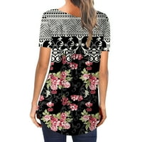 Žene plus veličina kratkih rukava V-izrez ljetni cvjetni tisak T majica Labavi fit gumb pulover bluza