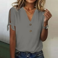 Tking Fashion Womens Ljeto Tunika T košulje Kratki rukav Ležerne prilike V izrez Tipka gumba Sive 3XL