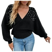 Ženski džemper s V-izrezom pulover s dugim rukavima, Ležerne prilike, Plit Top Crna veličina L
