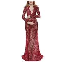 Majčinska fotografija Trudnice čipka modni dugi rukav V izrez Maxi večernja haljina crvena xxxxl