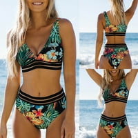 SKSLOEG ženski bikini setovi tropskim printom V mrežaste kupaći kostim sa fiksnim širokim visokim strukom