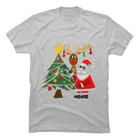 Smiješno slatko santa claus i božićni jeleni sa drvećem muški atletski heather krem ​​grafički tee -