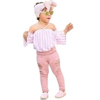 Dječja dječja djevojka odjeća s ramena prugaste majice na vrhu rupe duge hlače gamaše set Headwear