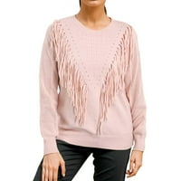 Čvrsta boja Crewneck džemperi za žene Modni labavi fit tassel dugih rukava s rebrastim džemper pulover